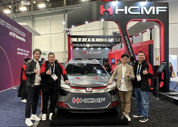 Unveiling the mmWave radar application solution in the smart car at CES 2024, from left to right: Ethan Lin, Co-founder and Vice President of TMYTEK; Kenneth His, Global Sales & Marketing, Chief Commercial Officer of HCMF Group; Su-Wei Chang, Founder and President of TMYTEK; and Jeffrey Hsi, CTO of HCMF Group, showcase the integrated in-car Child Presence Detection (CPD) sensing system and car